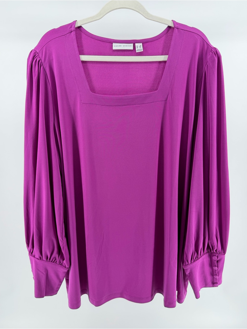 Susan Graver Square Neck Bishop Sleeve Liquid Knit Fuchsia Blouse Top, Size 3X